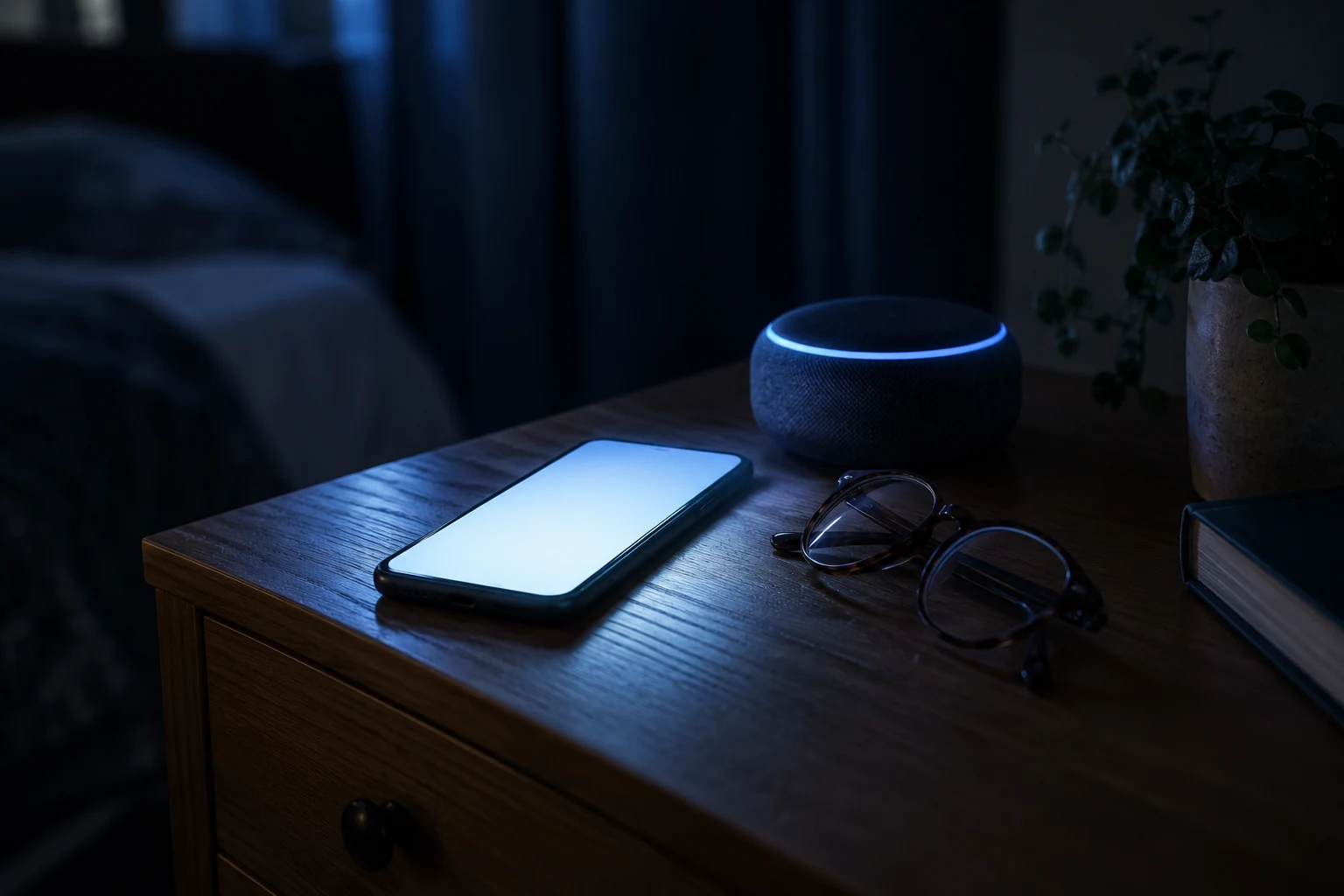 Smarter Lautsprecher mit blauem Leuchtring neben einem Smartphone auf dem Nachttisch