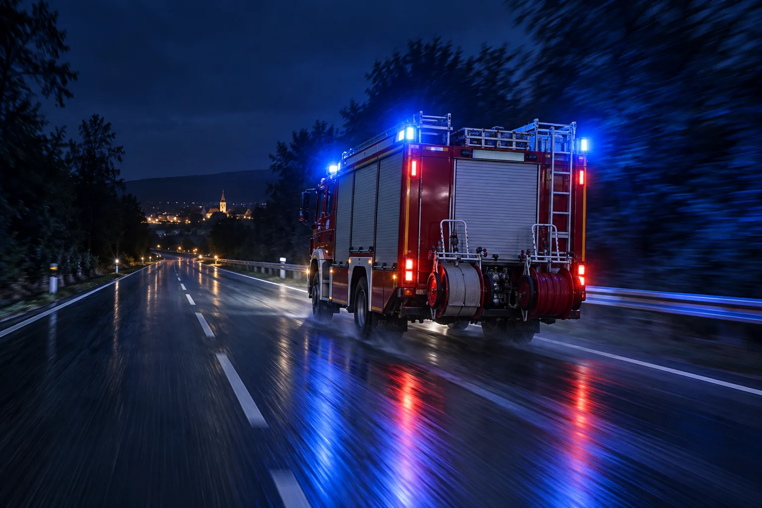 Löschfahrzeug mit eingeschaltetem Blaulicht auf einer nassen Landstraße bei Nacht