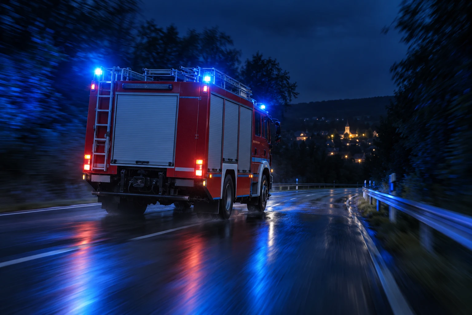 Löschfahrzeug mit Blaulicht auf einer regennassen Straße bei Nacht