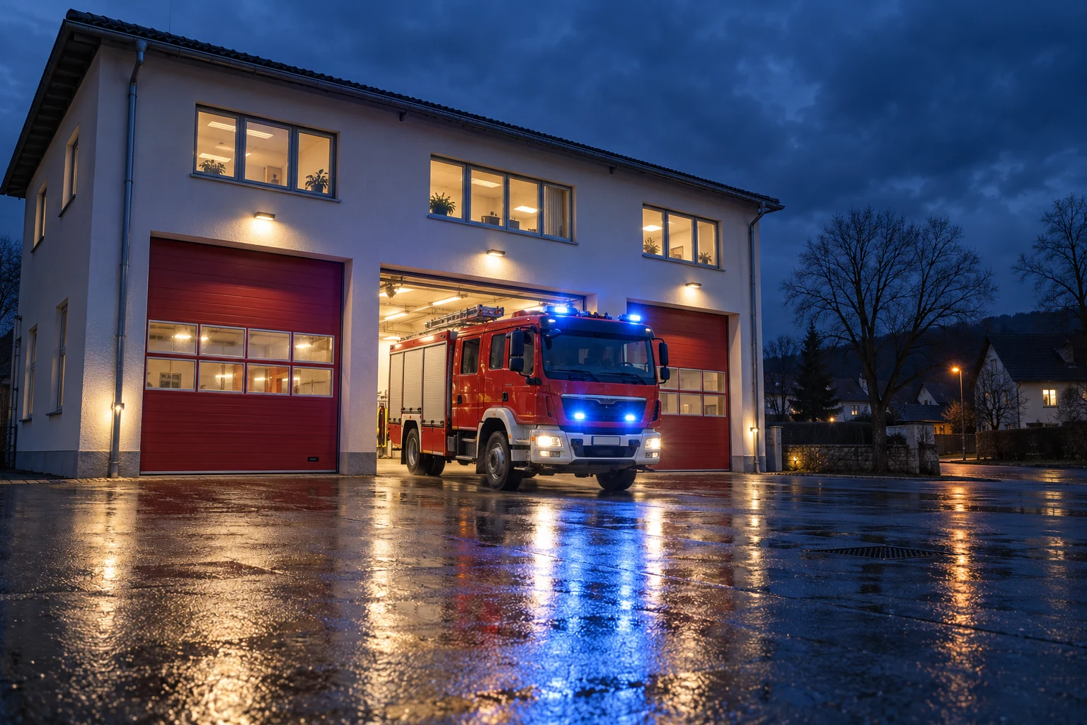 Beleuchtetes Feuerwehrhaus mit Löschfahrzeug vor dem geöffneten Hallentor