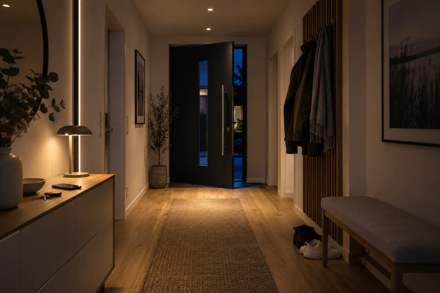 Beleuchteter Hausflur mit eingeschalteter Lampe am Abend