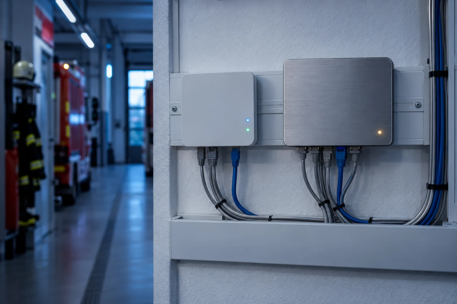 Steuerungstechnik an der Wand eines Feuerwehrgerätehauses